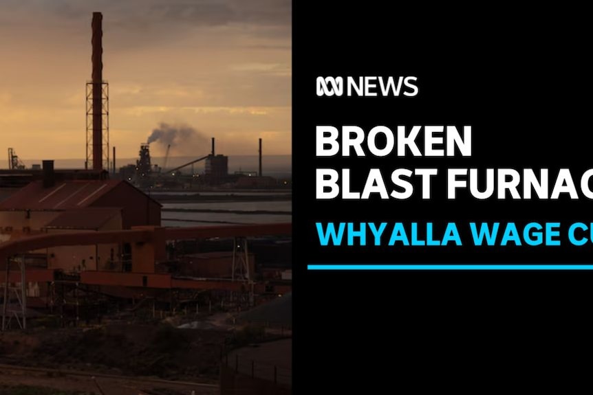 Broken Blast Furnace, Whyalla Wage Cut: Silhouete of a steelworks at dusk.