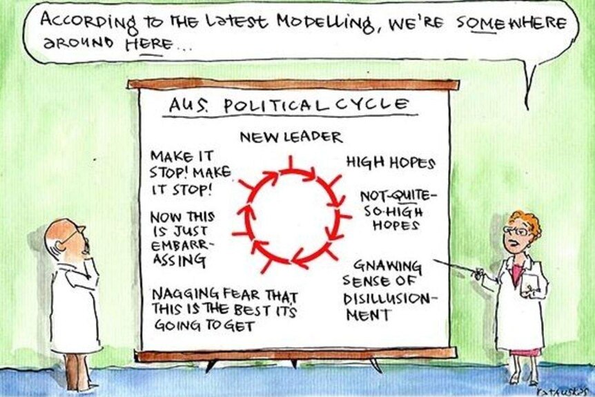 A cartoon by Fiona Katausukas about the political cycle.
