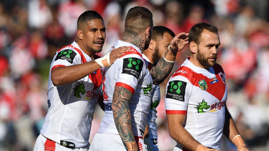 St George Illawarra's Jason Nightingale congratulated for try against Newcastle Knights