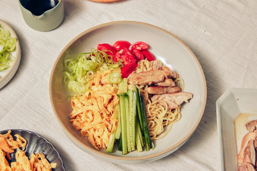 A bowl of noodles topped with strips of omelette, chicken, cucumber, tomato and scallions.