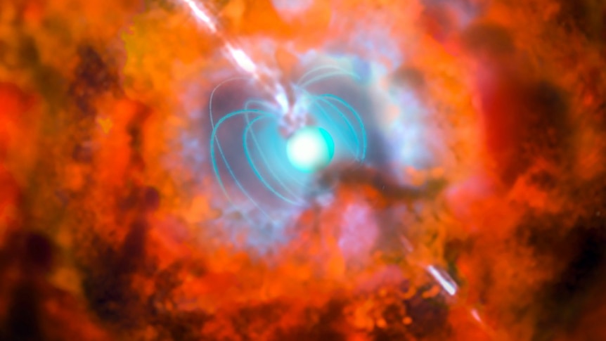 An artists impression of the explosive death of one of the universes first stars in a hypernova.