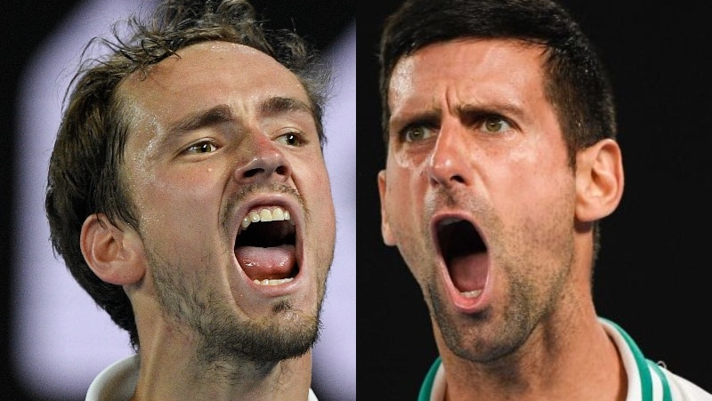 Composite photo of Daniil Medvedev, left, screaming, and Novak Djokovic also screaming with their mouths wide open