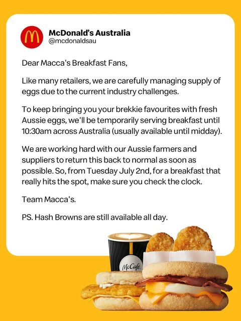 McDonald's restricts breakfast hours across Australia over egg supply  concerns - ABC News