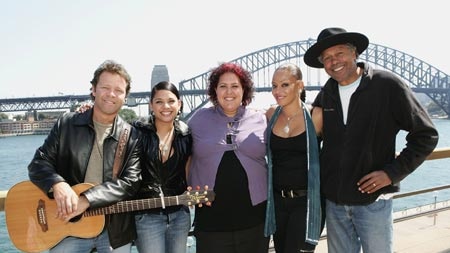 Deadly stars: (L-R) Singers Troy Cassar-Daley, Simone Stacey, Casey Donovan, Naomi Wenitong and host Ernie Dingo.