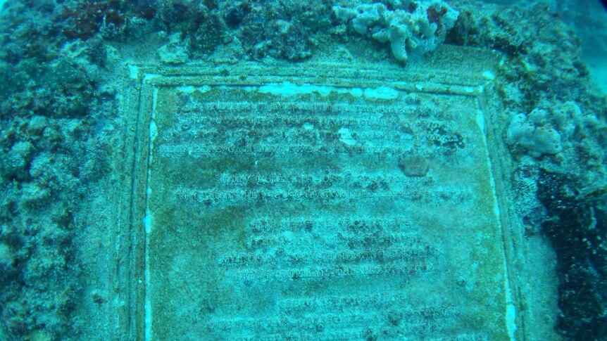 A plaque underwater at the Neptune Memorial Reef, Florida, United States