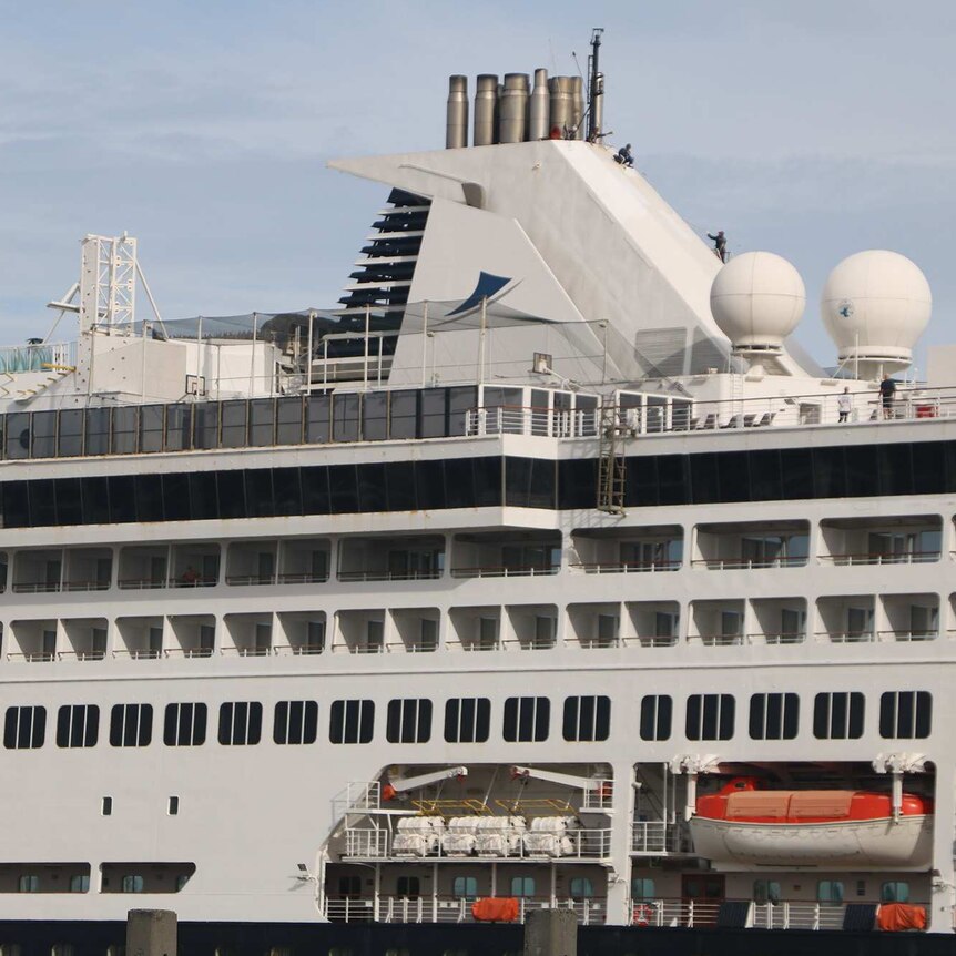A close-up shot of the Vasco da Gama cruise ship berthed at Fremantle Port.