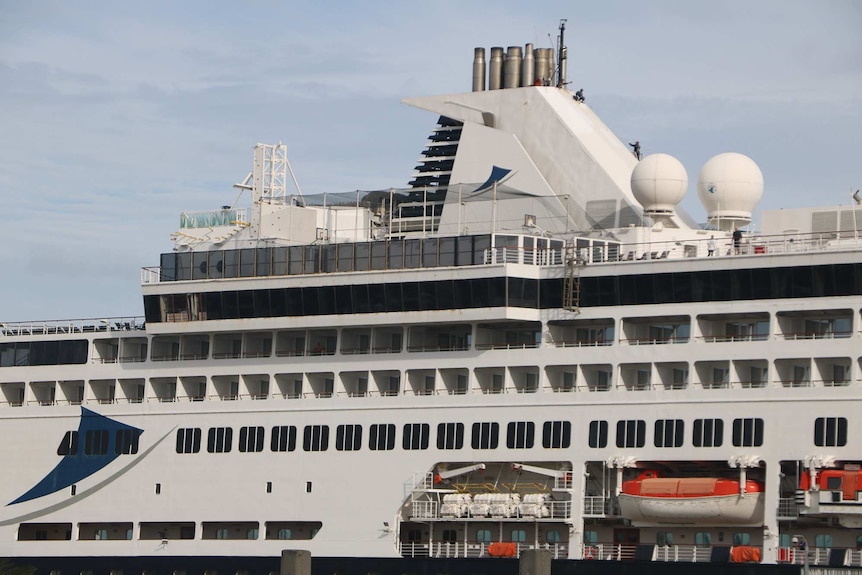 A close-up shot of the Vasco da Gama cruise ship berthed at Fremantle Port.