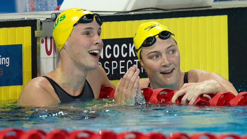 Cate Campbell celebrates Pan Pacifics 100m freestyle win with Bronte