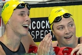 Cate Campbell celebrates Pan Pacifics 100m freestyle win with Bronte