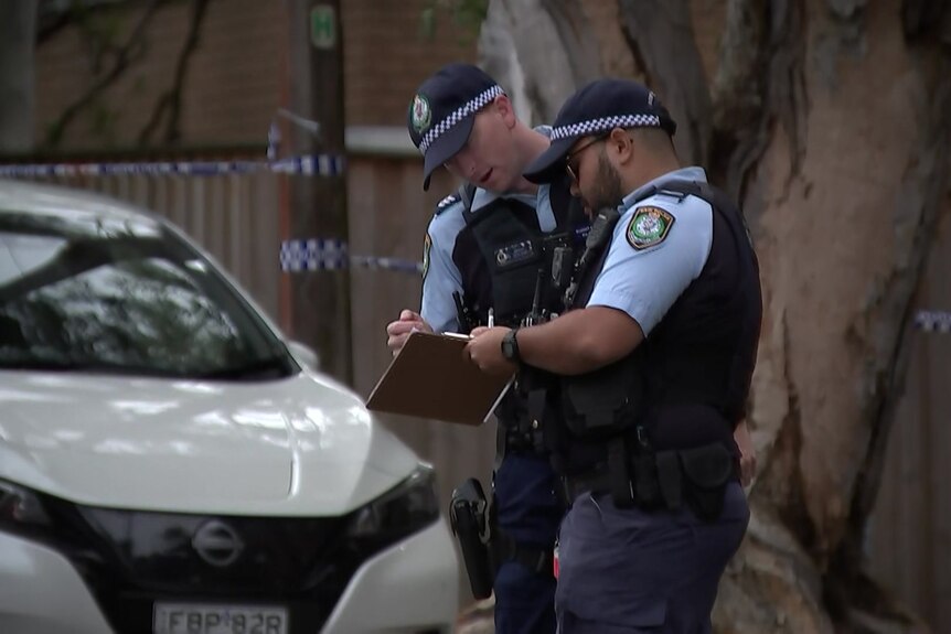 Two police standing next to a tree looking at a folder being held in one man's hand