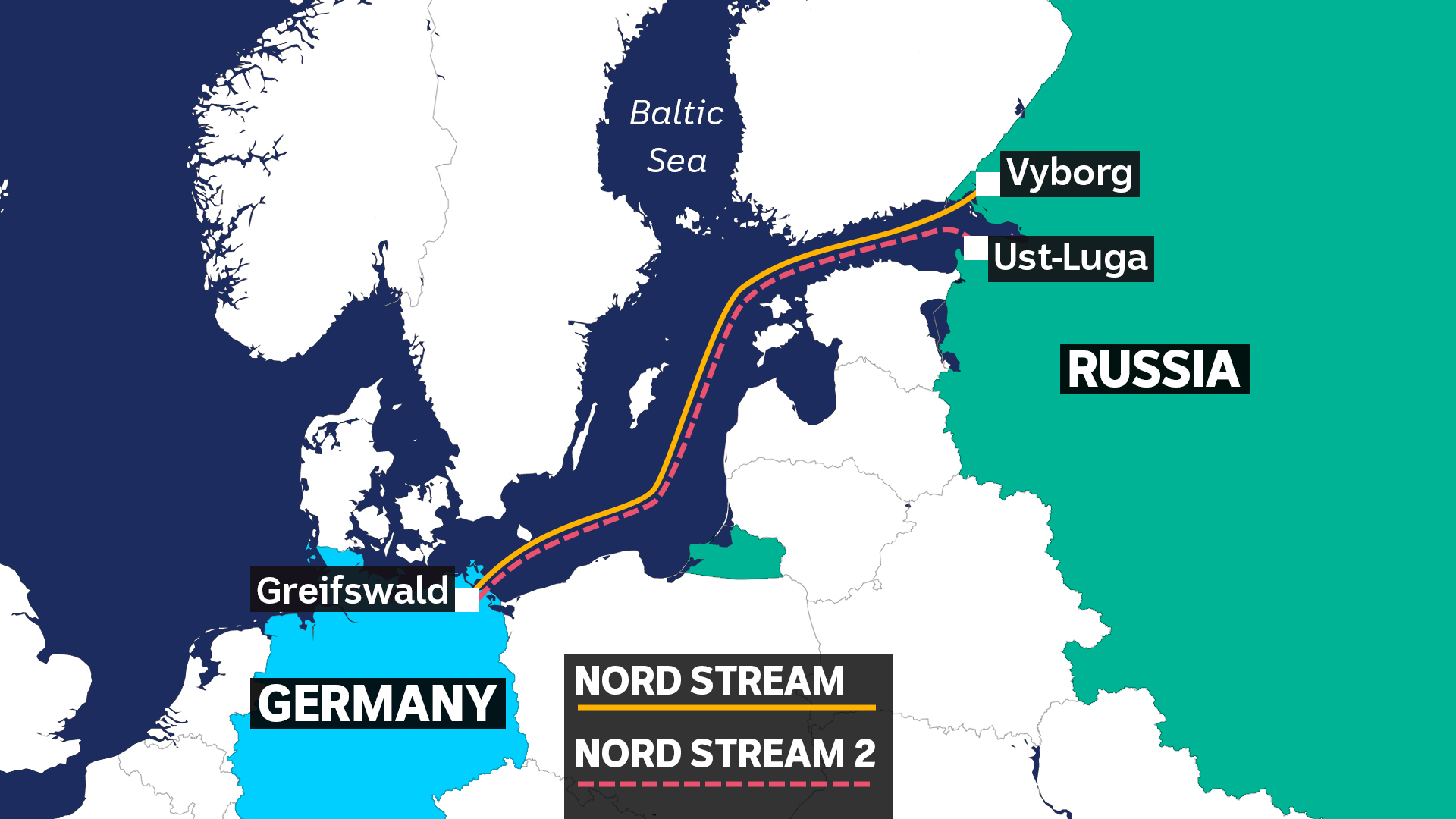 Mapa przedstawiająca rurociągi Nord Stream 2 z Rosji do Niemiec pod Morzem Bałtyckim.