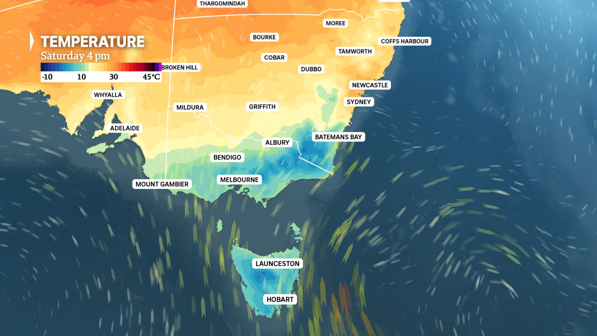 a weather map of eastern australian states show temperatures below 10 degrees on saturday