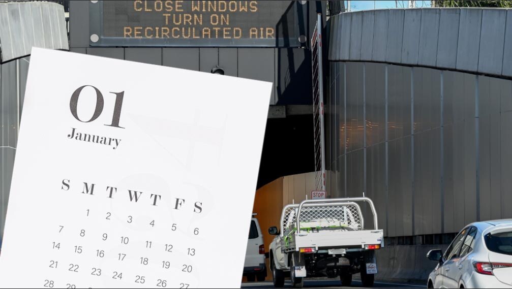 Photo illustration of a page from a January calendar and cars entering tunnel to the right