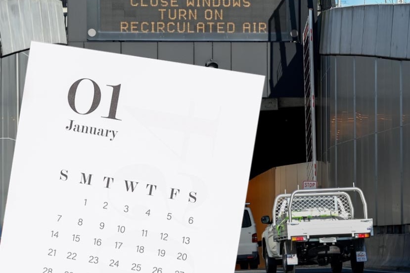 Photo illustration of a page from a January calendar and cars entering tunnel to the right