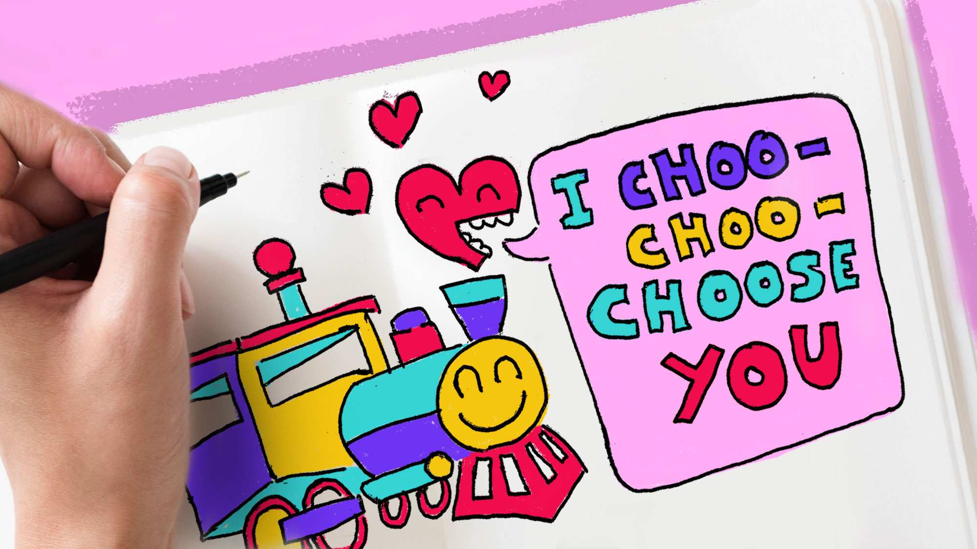 A hand drawing in a Valentine's Day card with a train saying 'I choo-choo-choose you'