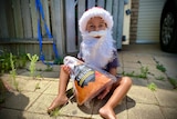 A child in a santa hat and beard holds a leg of ham half his own body size