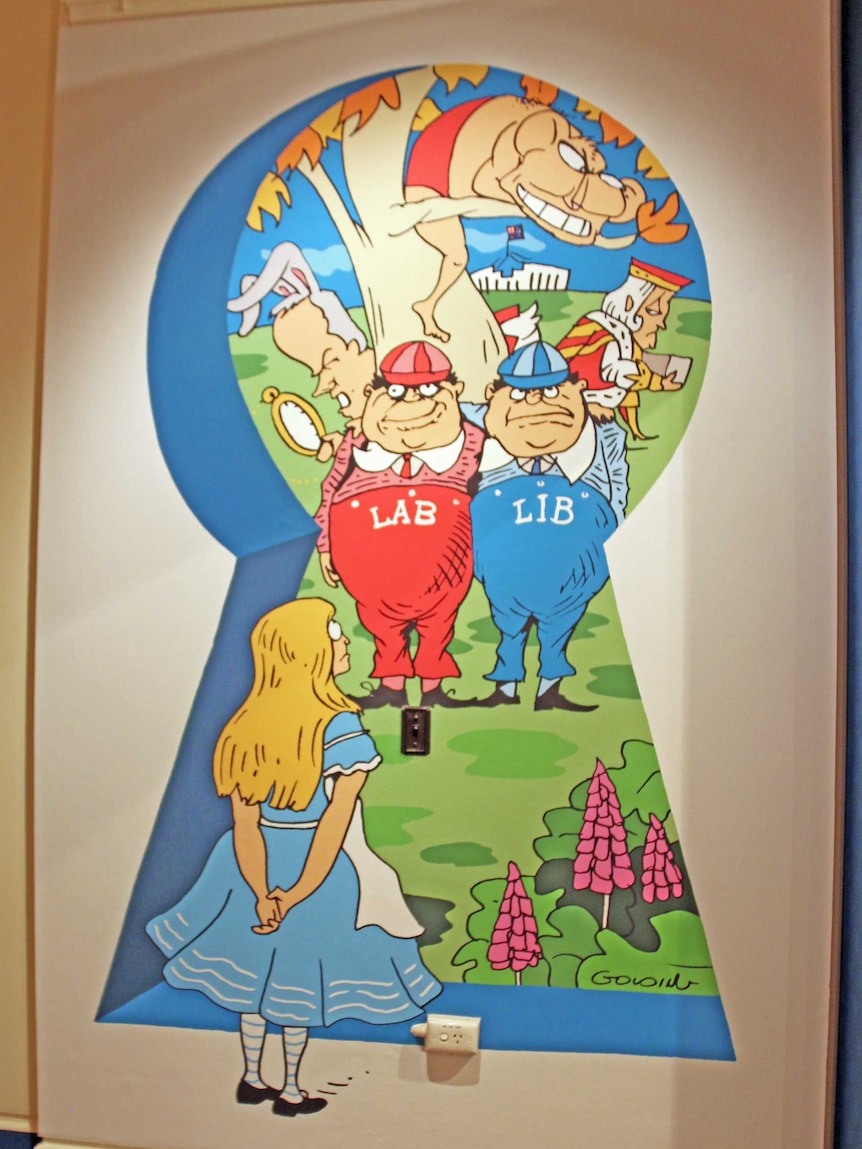 A cartoon showing Alice in Wonderland looking through a keyhole at politicians drawn as Tweedledee and Tweedledum.