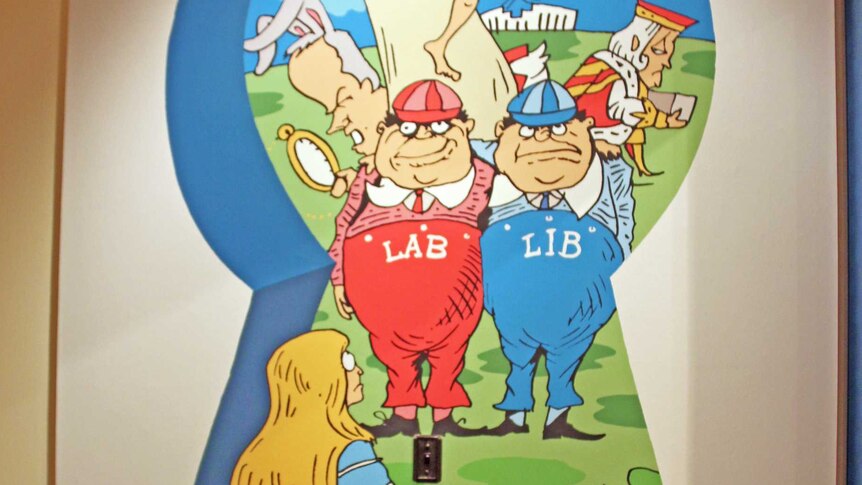 A cartoon showing Alice in Wonderland looking through a keyhole at politicians drawn as Tweedledee and Tweedledum.