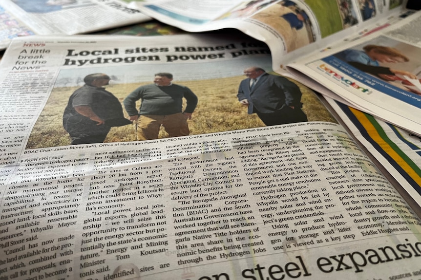 The inside of a local newspaper, covering a story about Whyalla's upcoming hydrogen industry. 