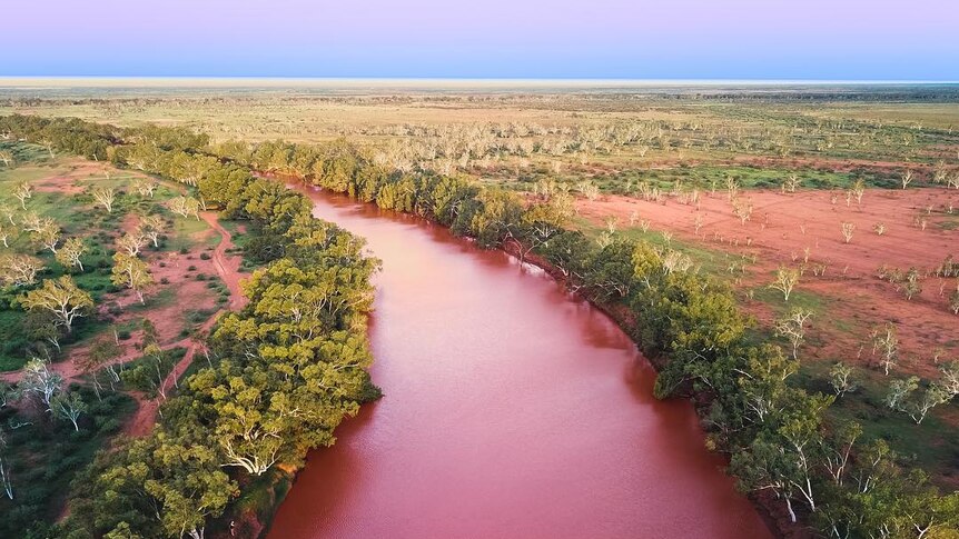 A river appears pink and rounds a bend into the background of the photo. The sky is light purple.