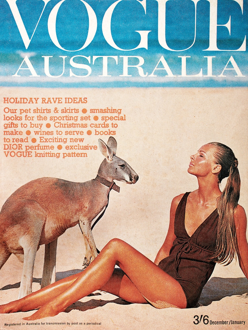 Vogue December issue 1965 featuring a woman in a bathing suit and a kangaroo.