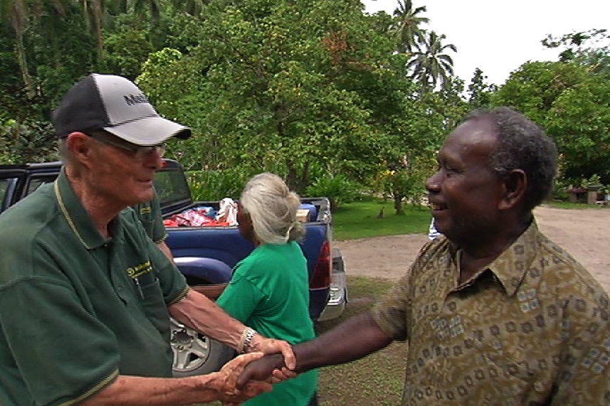 Coconut economist Dr Dan Etherington with a Sumata local