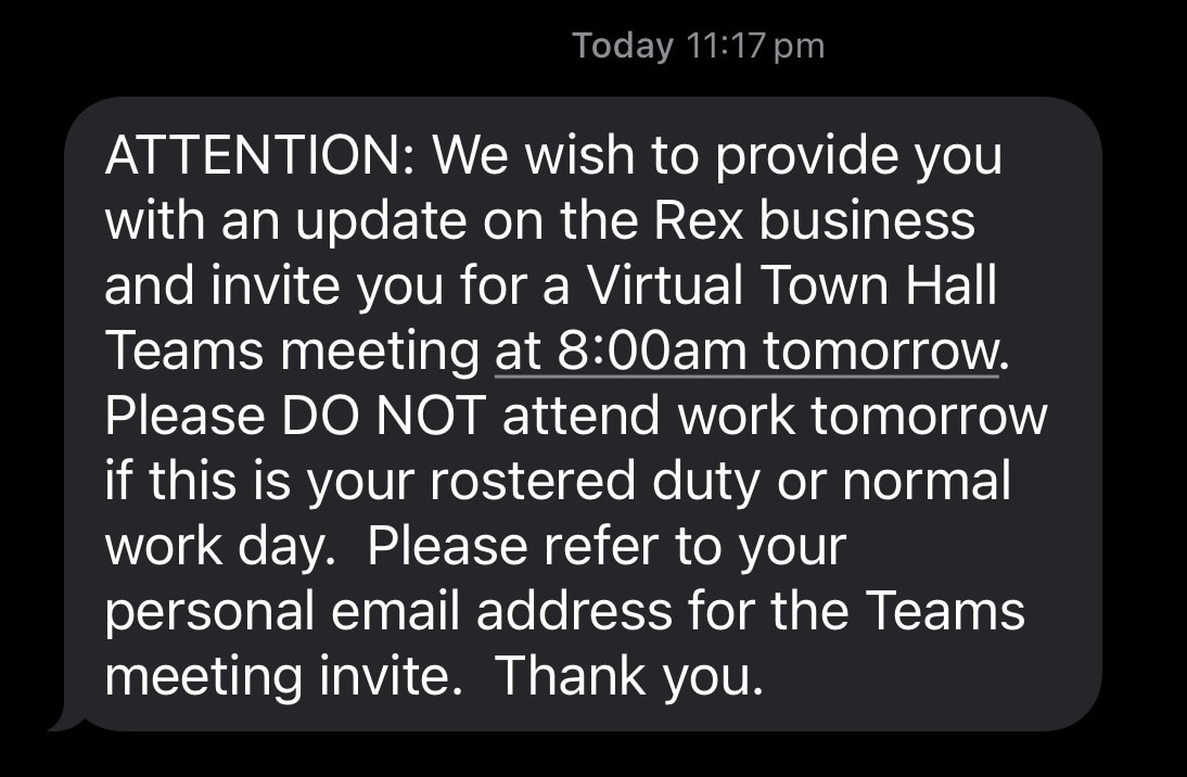 A screenshot of a text message informing a Rex employee there is a meeting.