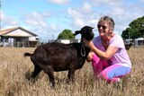 woman in colourful clothes pats goat in paddock