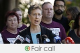 Sally McManus is speaking into a microphone at a rally. VERDICT: Fair call with a 2/3 green, 1/3 orange asterisk
