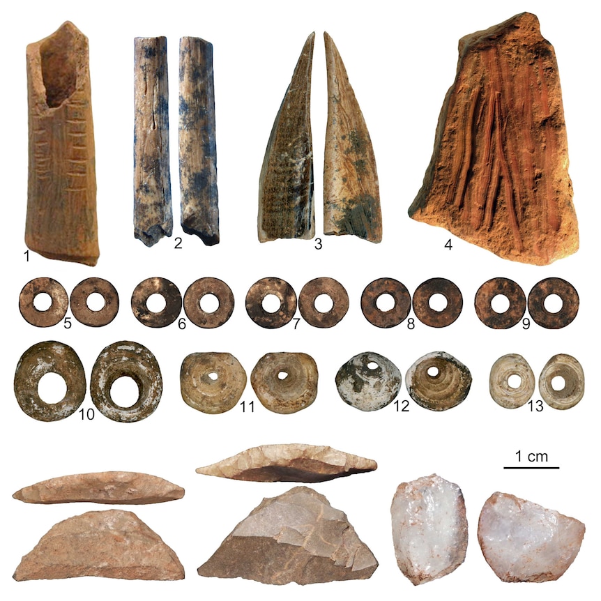 Mint condition artefacts found in the Panga ya Saidi cave, symmetrically arranged and numbered