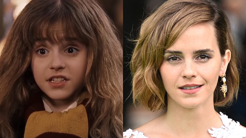 A composite image of a young Emma Watson as Hermione Granger and a recent headshot of her on the red carpet.
