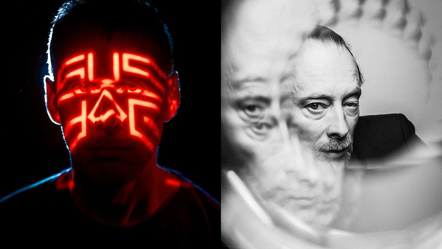 collage of Clark with red lights over his face and an artistic black and white photo of thom yorke