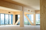 The inside of a building construction where timber is used in the design.