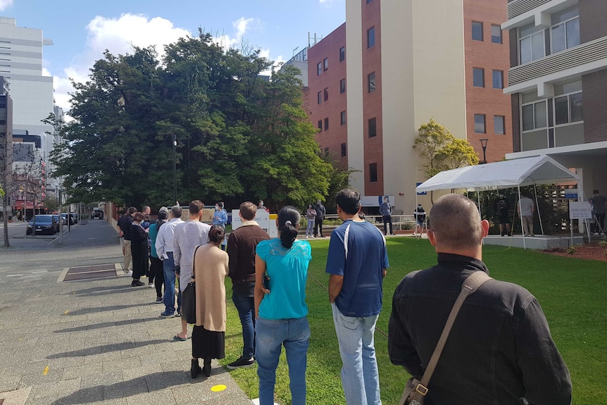 A line outside of the Perth CBD COVID clinic on Saturday morning.