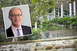 Wenona School gate in 2024 with image of former AISNSW chair John Ralston inset.