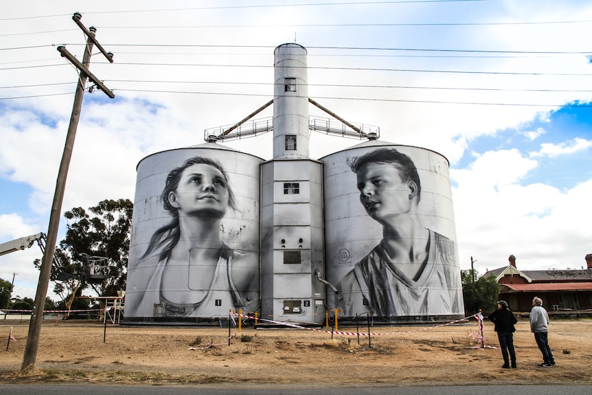 Tourists Carol and Brenton Koch from South Australia gaze up at the silo art.