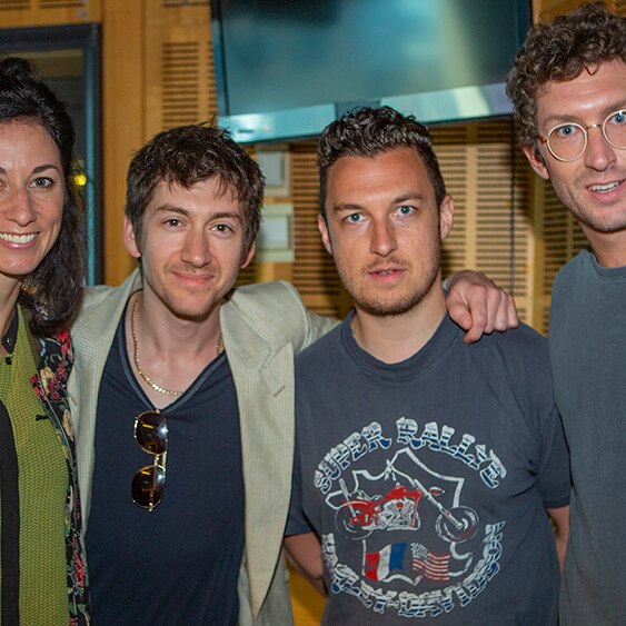 Alex & Matt from Arctic Monkeys, with triple j's Veronica & Lewis