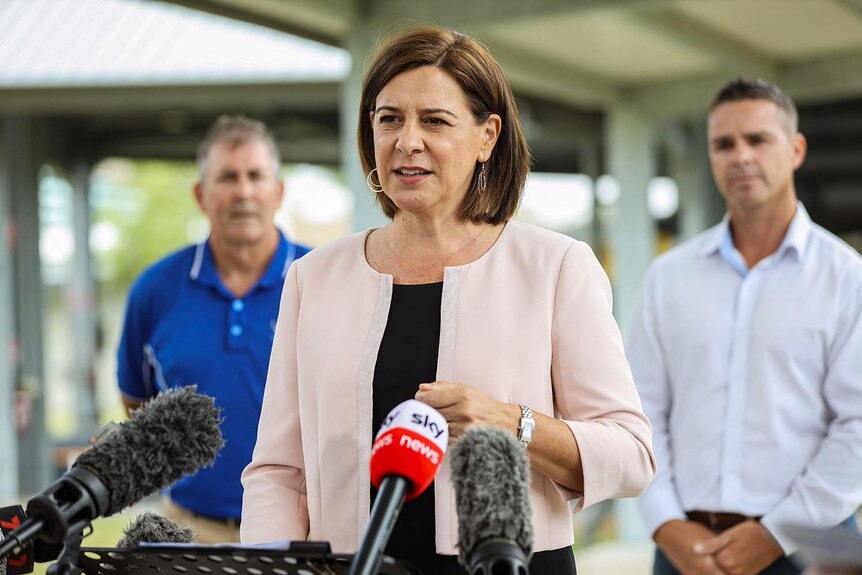 Opposition Leader Deb Frecklington speaks to the media in Townsville, with two LNP male candidates behind her.