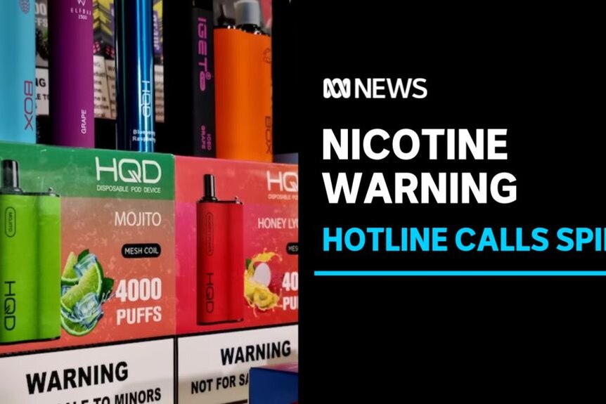 Nicotine Warning, Hotline Calls Spike: Disposable nicotine vapes on display.