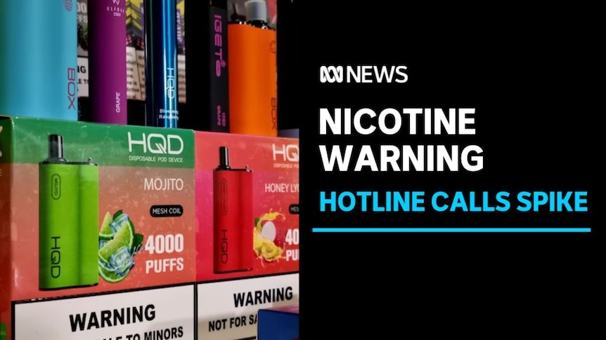 Nicotine Warning, Hotline Calls Spike: Disposable nicotine vapes on display.