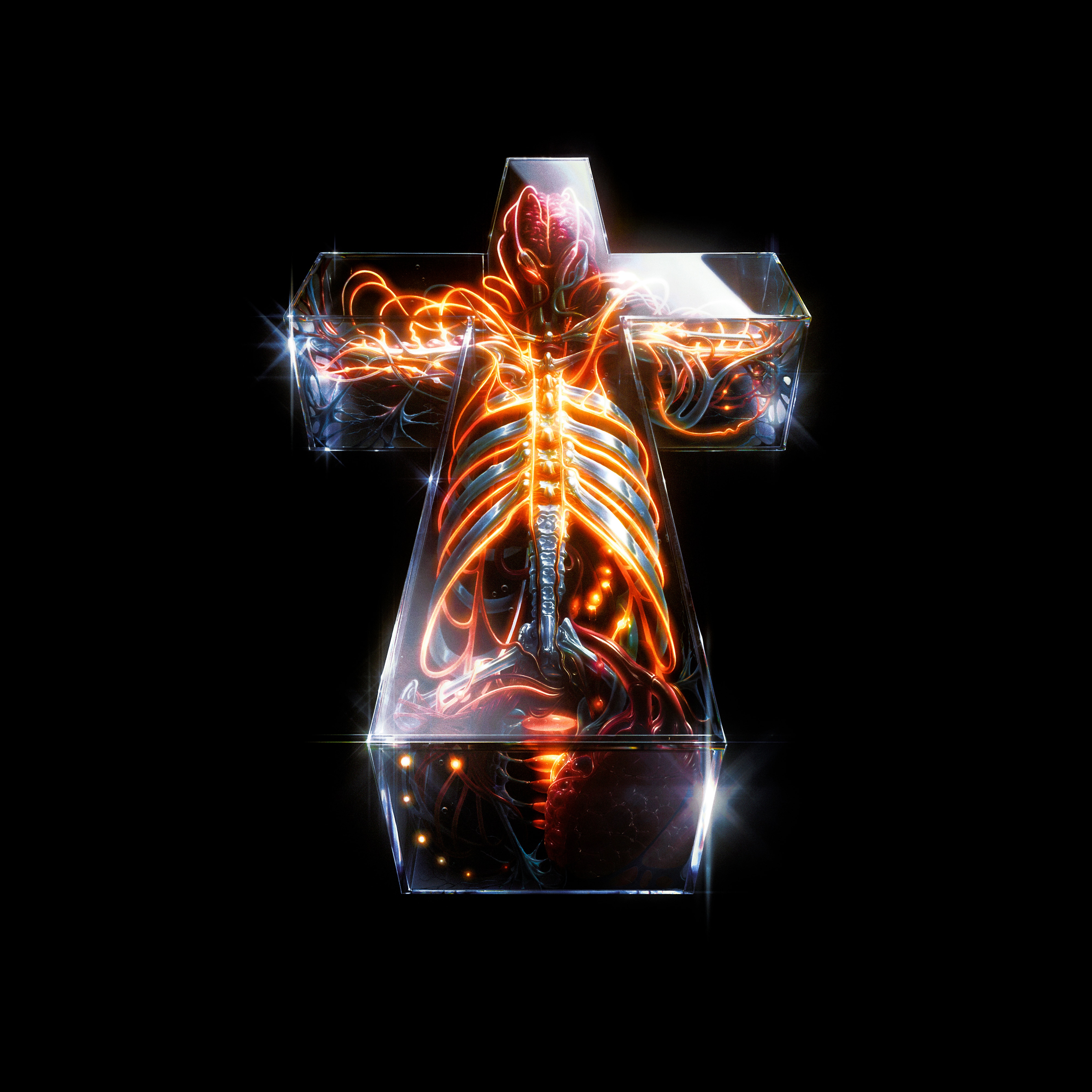 Glass cross with interior of orange nerve paths laced over a metal skeleton with pink brain and bio-organic matter