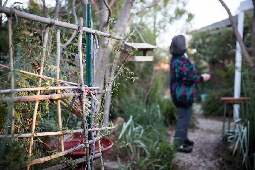 Janet, blurry in the background, stands in her garden with a structure in the foreground.