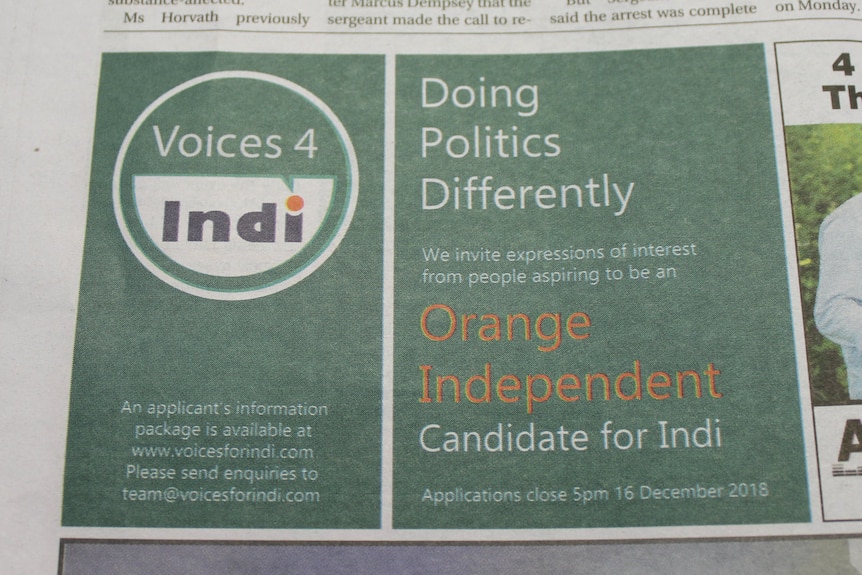 A newspaper ad placed by the Voices 4 Indi group invites expressions of interest for an independent candidate for Indi.