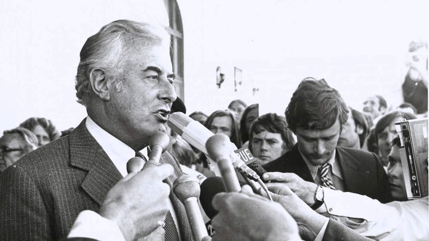 Gough Whitlam speaks on the Parliament House steps