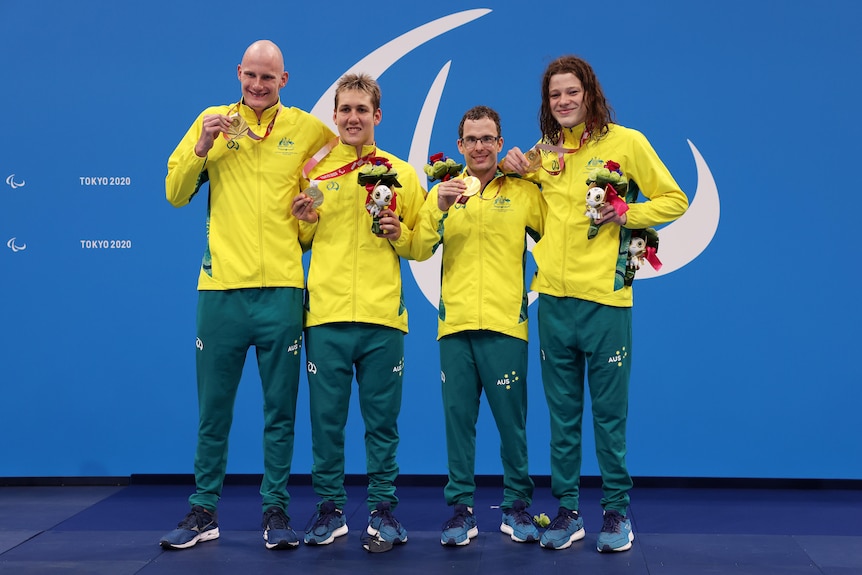 Australian 4x100m freestyle 34 points gold medallists Rowan Crothers, Will Martin, Matt Levy and Ben Popham on the podium.