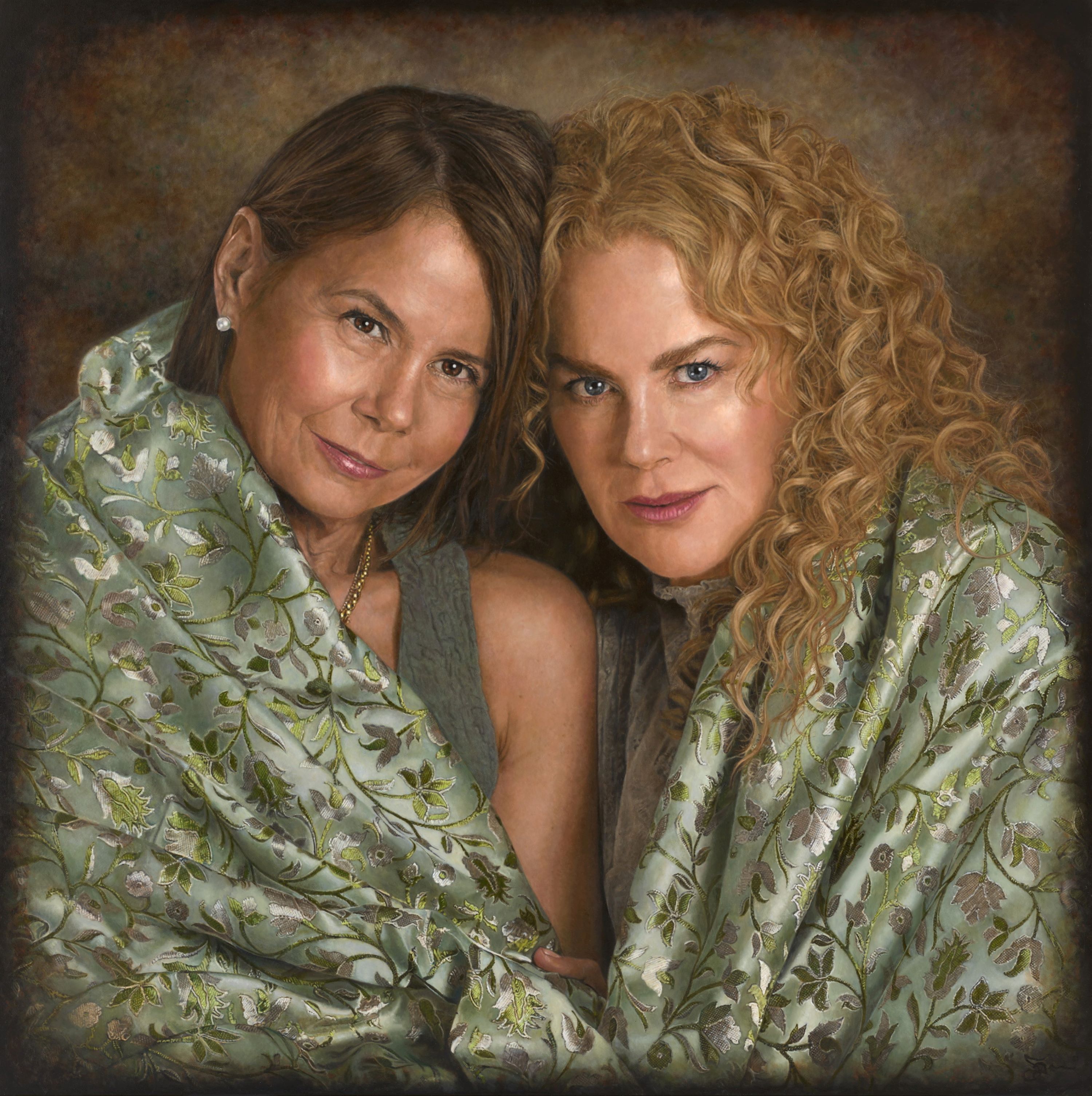 A painting of two women, one brunette and the other red-haired, sitting together with a green blanket around their shoulders