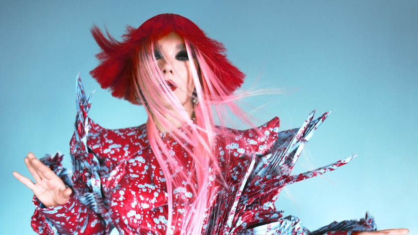 Bjork wears a red wig and stands in front of a blue background