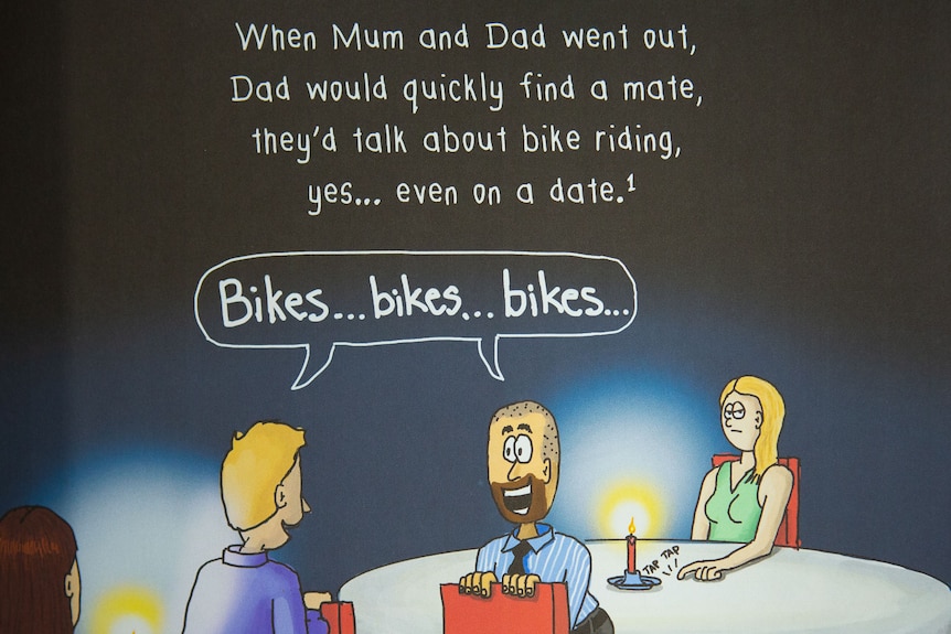 Book illustration showing two men talking bikes while out to dinner with their wives.
