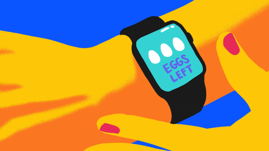Illustration of smartwatch flashes showing woman she has two eggs remaining to illustrate female fertility and baby panic.