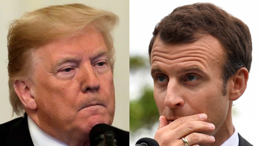 A composite image showing head and shoulders shots of Donald Trump on the left and Emmanuel Macron on the right.